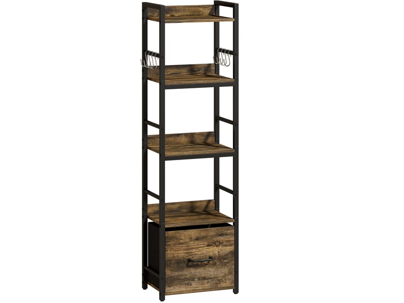 Bibliothèque étroite 39 x 26 x 136,5 cm – marron rustique – 4 étagères, tiroir et 8 crochets  - Conforama A