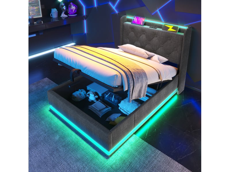  Lit coffre 1 place 90x200 cm led 360°, usb et usb-c, lin gris  - Conforama C