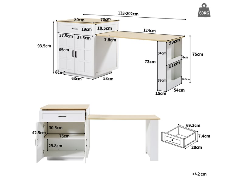  Table de bar extensible 133-202 x 70 x 93.5 cm avec 2 tiroirs, 2 portes et 2 étagères pour 2 à 6 personnes - blanc  - Conforama C