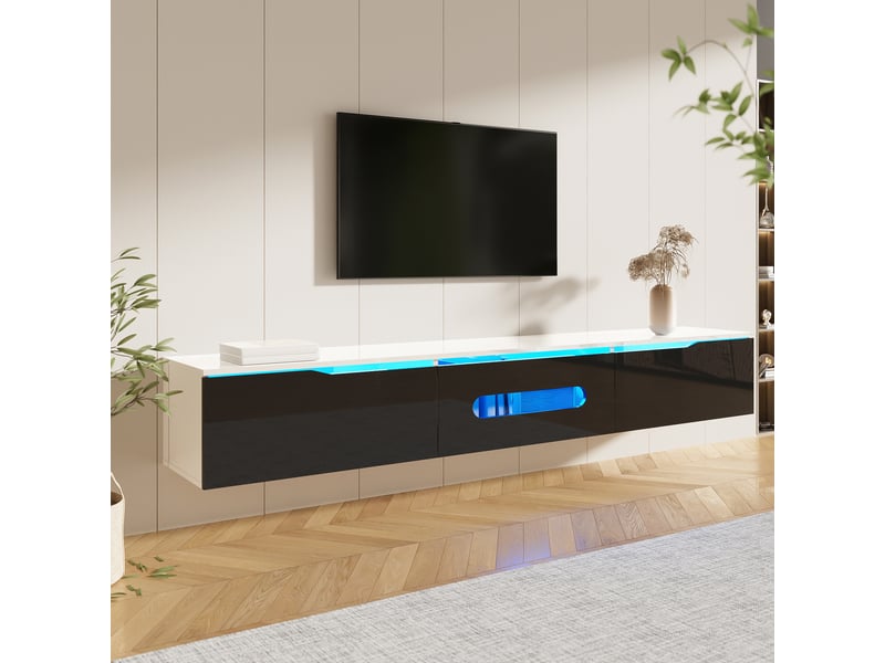 Meuble tv avec 3 portes , led et fixation murale ou pose au sol, pour salon, mdf, noir et blanc, 180×35×30 cm - Conforama C