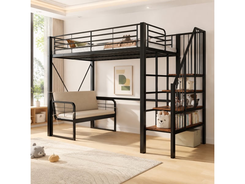  Lit superposé 90x200 cm avec escalier de rangement, canapé amovible en métal noir  - Conforama C