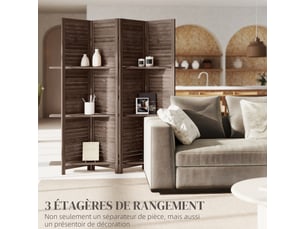 Paravent intérieur en bois 4 panneaux 160 x 170 cm, noyer, séparateur de pièce pliable avec 3 étagères