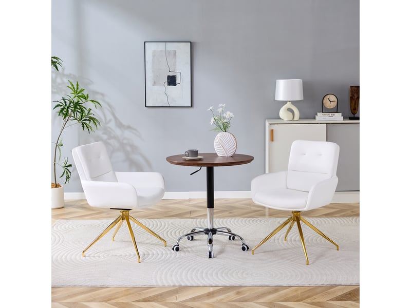 Chaise de salle à manger pivotante lot de 2 avec dossier capitonné et structure stable, en pu blanc et métal doré - Conforama D