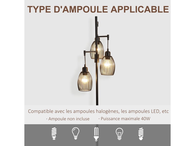  Lampadaire style industriel 40 w max. 3 abat-jours en métal filaire luminosité réglable - noir - ampoule e27  - Conforama W