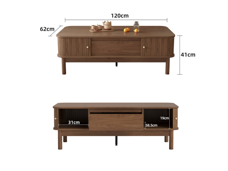  Table basse 120 × 62 × 41 cm en mdf avec tiroir, portes coulissantes à lamelles et rangement caché, marron, pour salon  - Conforama B