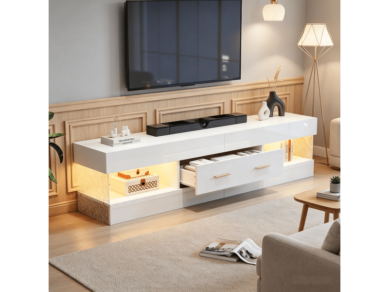 Meuble tv,152x35x40 cm,avec led et 2 tiroirs,mdf,blanc - Conforama C