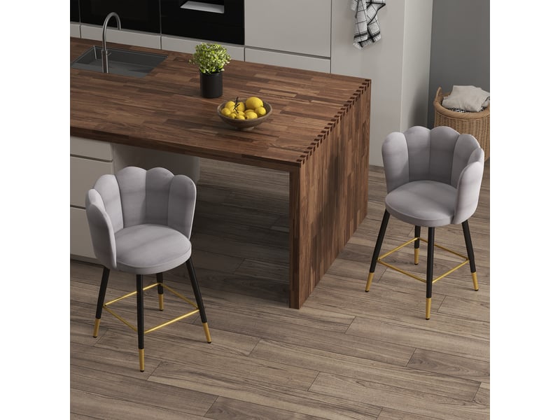  Ensemble de 2 tabourets de bar en velours avec repose-pieds et piètement en acier, 59 x 52 x 90 cm, gris  - Conforama C