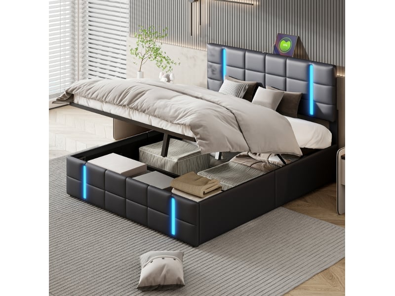  Lit double rembourré en similicuir pu - 160x200cm-noir - avec éclairage led et ports usb - tête de lit capitonnée  - Conforama C