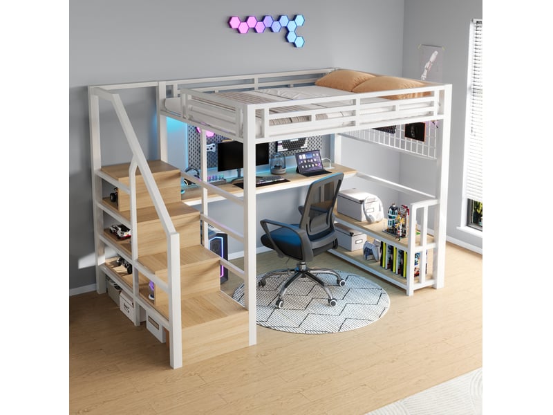  Lit mezzanine enfant 140 x 200 cm blanc avec bureau, rangement, led et prises usbtype-c  - Conforama C