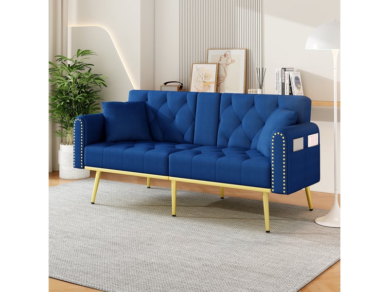 Canapé convertible 2 places 175 x 80 x 73,5 cm avec fonction couchage, dossier réglable 3 positions, porte-gobelet intégré, coussins de soutien, velours - bleu - Conforama C