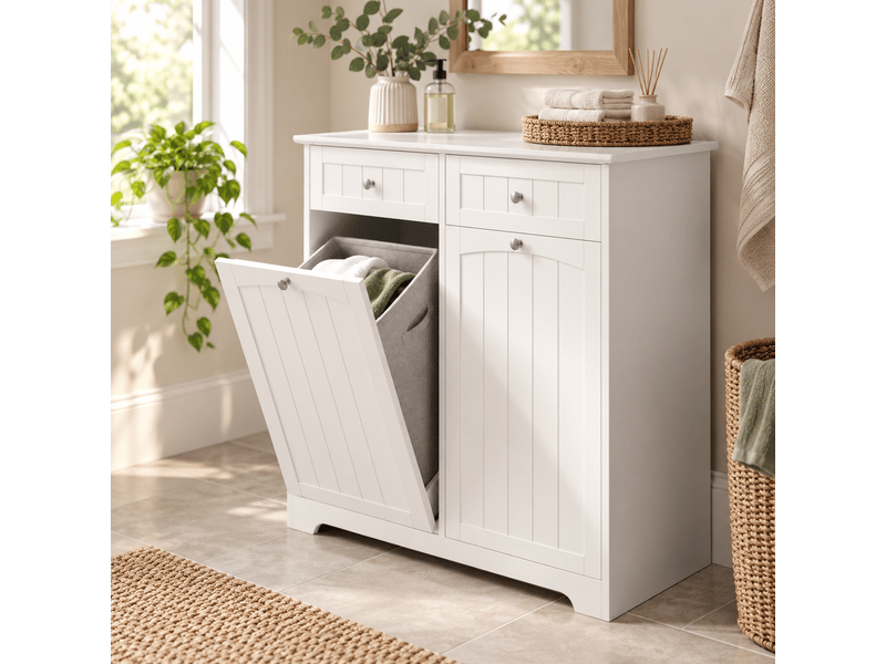 Meuble de salle de bain et buanderie sur pied 78x38x90 cm avec panier à linge basculant, 2 tiroirs, 2 sacs à linge amovibles, mdf - blanc - Conforama D