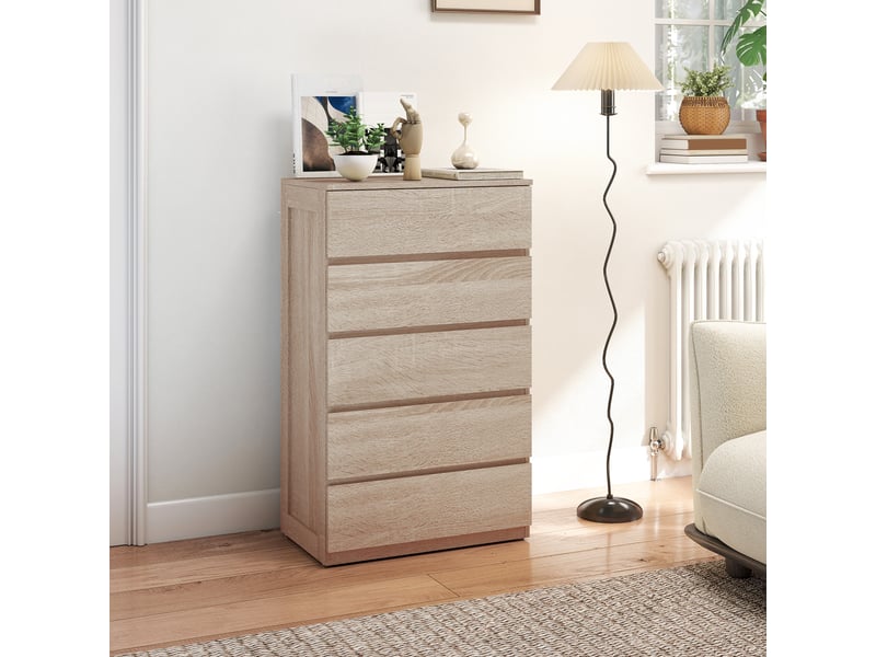  Commode en bois à 5 tiroirs avec glissières métalliques et poignées rainurées, 60 x 39 x 100 cm, couleur hêtre  - Conforama C