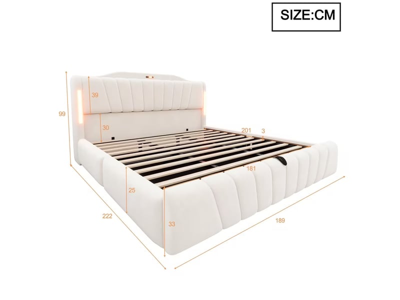  Lit coffre 180x200 cm, lit double confortable et raffiné, facile à assortir, grand coffre hydraulique, tête led, usbtype-c, veilleuse, velours beige  - Conforama C