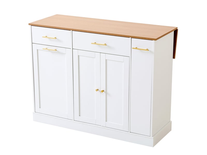  Îlot de cuisine blanc et naturel 120 cm, plateau rabattable, 3 tiroirs, poubelle  - Conforama E