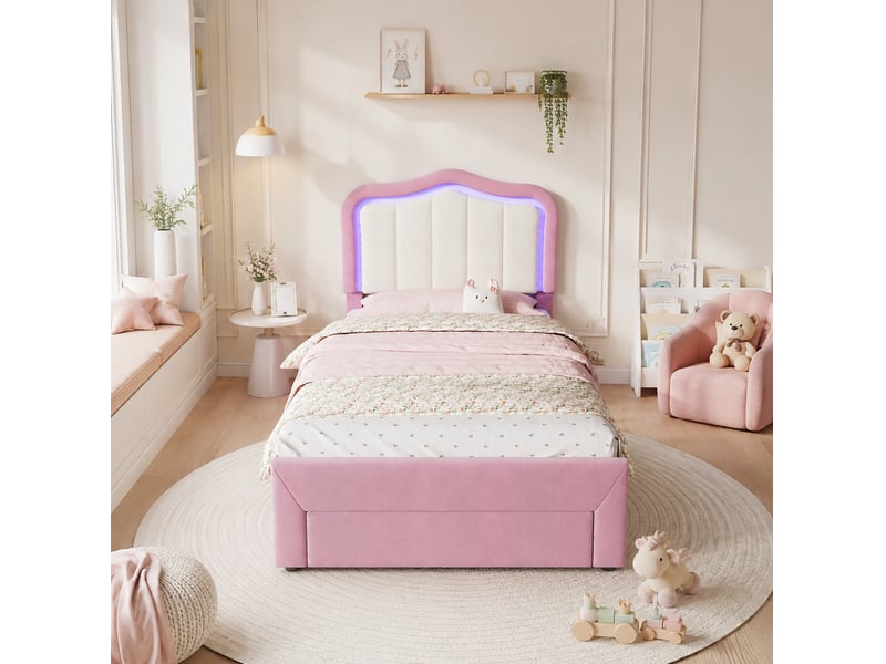 Lit enfant tapissé 90 x 200 cm en velours avec tiroir et led rose chicfurn - Conforama B
