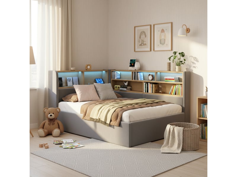  Canapé-lit 90x200 cm, lit enfant, couchage d'appoint, rangement hydraulique, led, port usb, velours gris  - Conforama E