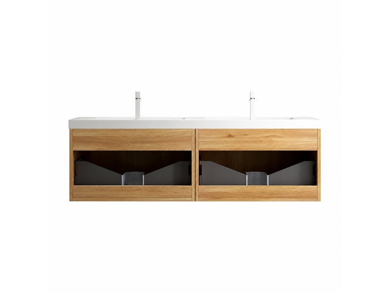  Meuble double vasque suspendu 140 cm avec 2 vasques blanches, finition bois naturel  - Conforama D