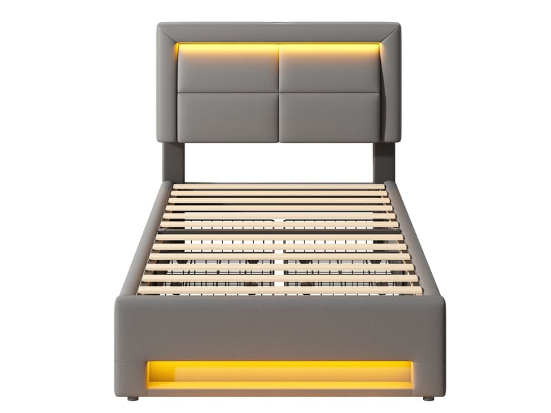  Lit coffre 90x190 cm avec 4 tiroirs - lit rembourré - pu gris, éclairage led, port usb, charge sans fil, sommier inclus  - Conforama D