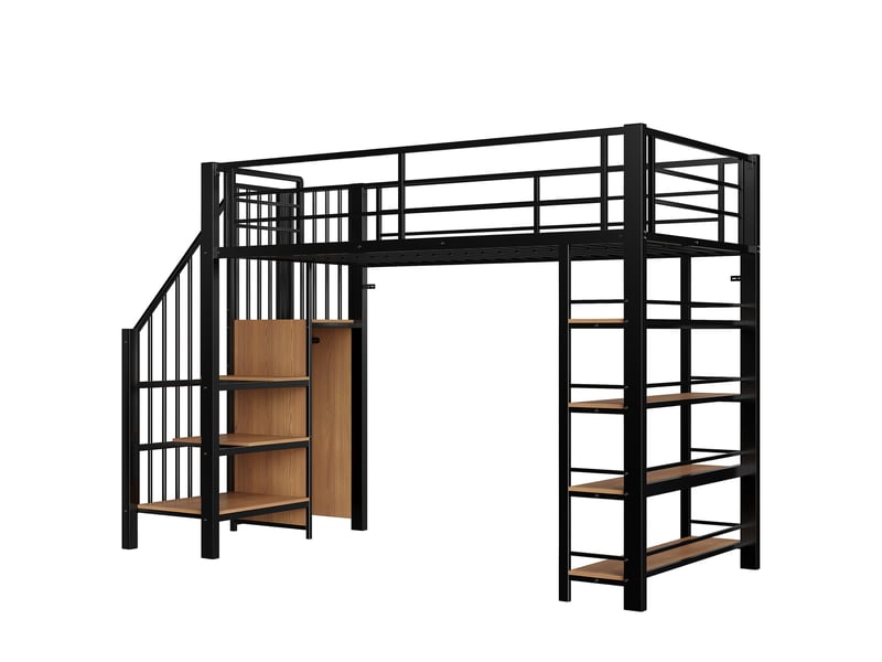 Lit mezzanine enfant 90x200 cm – noir – escalier sécurisé, penderie et étagères – sans matelas - Conforama D
