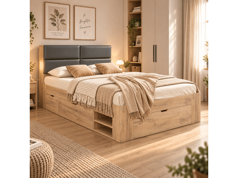 Lit enfant 2 places 140x200 cm avec tiroirs, grands rangements, niches coulissantes, usb et usb-c, veilleuse, tête de lit rembourrée pu, mdf naturel - Conforama C