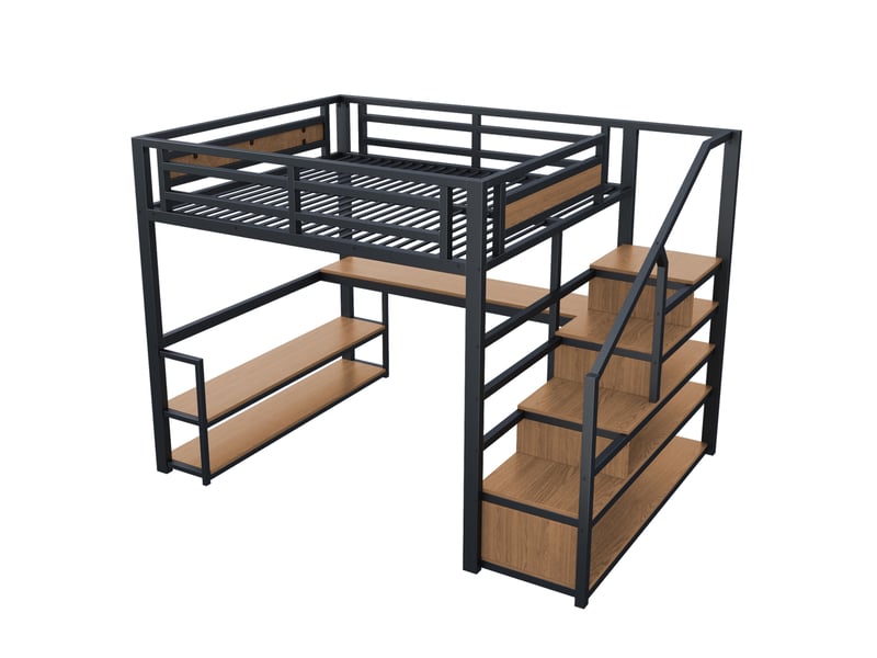 Lit mezzanine enfant 140x200 cm – noir – bureau, étagères et escalier de rangement intégré – sans matelas - Conforama D