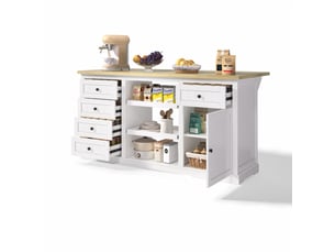 Îlot de cuisine 150x65x75,5 cm blanc et naturel en mdf, 5 tiroirs, 2 plateaux coulissants et prise intégrée