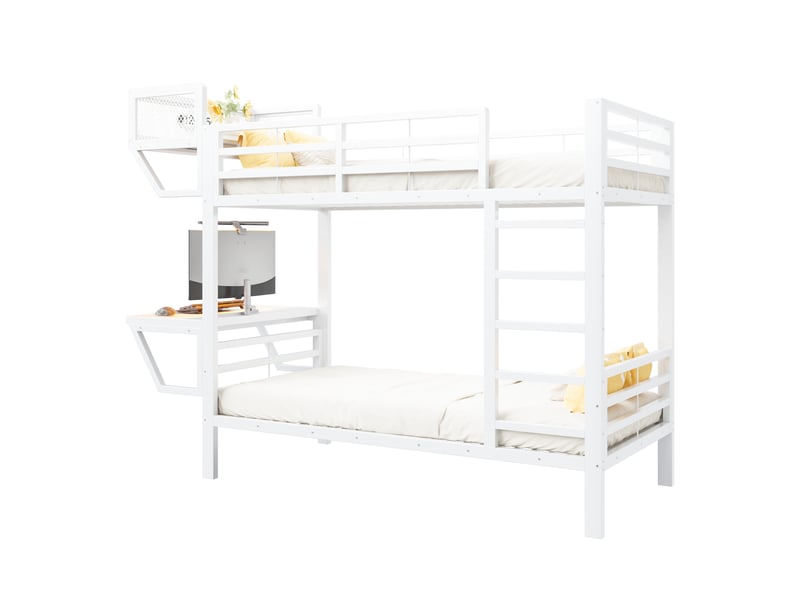 Lit superposé - 90x200 cm - bureau intégré - sommier à lattes - rangements intégrés - structure métal - lit enfant - blanc CozyNest - Conforama A