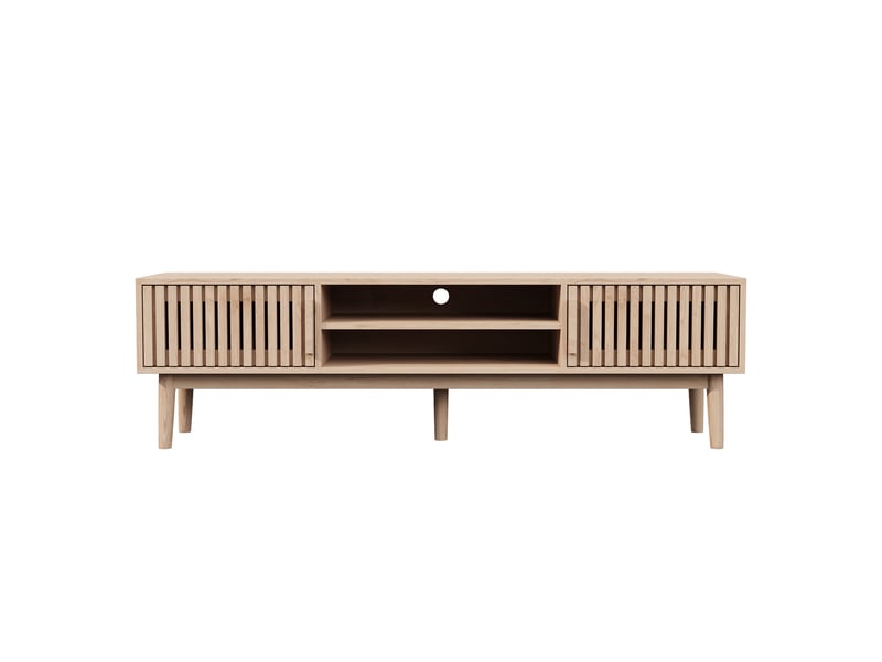 Meuble tv 150 cm, avec cloisons ouvertes et 2 portes de rangementen, scandinave, 5 pieds en bois massif, bois clair - Conforama D