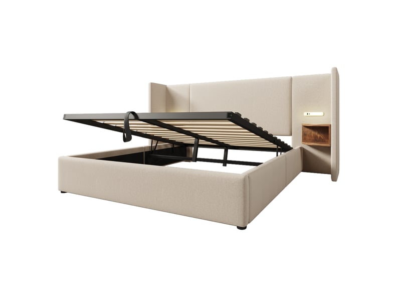  Cadre de lit, lit double 160x200 cm, rangement intégré, chevets intégrés, usbusb-c, lampe de lecture, lin beige, matelas inclus  - Conforama B