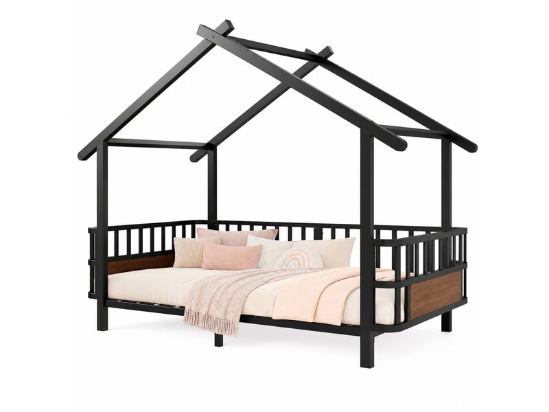 Lit chambre couchage maison 90x200 métal noir barrières sécurité design toit déco homvra - Conforama A