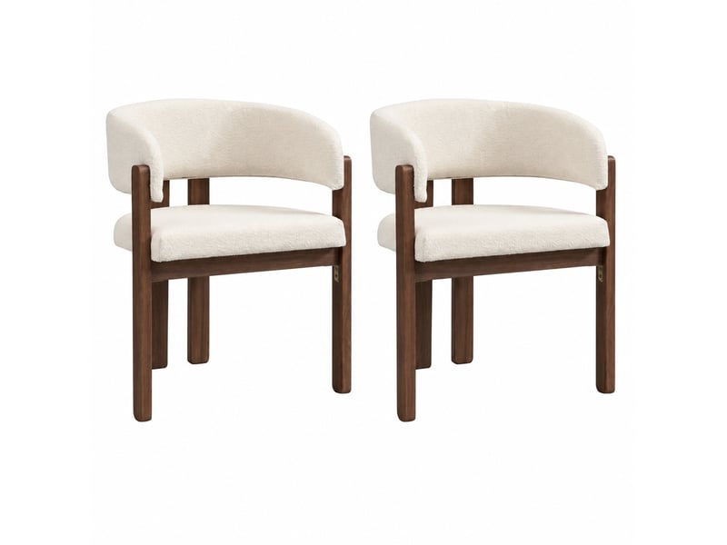 Chaise de salle à manger lot de 6 avec accoudoirs et dossier incurvé en bois et tissu bouclé beige et couleur noyer - Conforama A