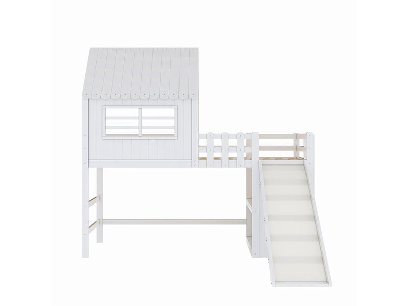 Lit mezzanine enfant 90x200 cm style grenier avec échelle et toboggan sécurité compartiments rangement multiples multifonctionnel bois massif blanc  - Conforama E