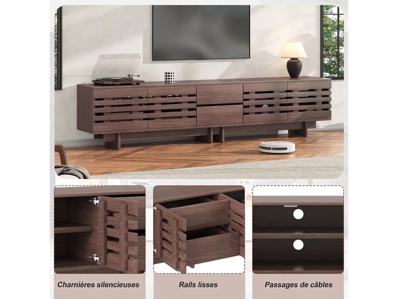 Meuble tv 200 cm noyer pour écran 80 pouces - 4 portes 2 tiroirs - style rétro  - Conforama D