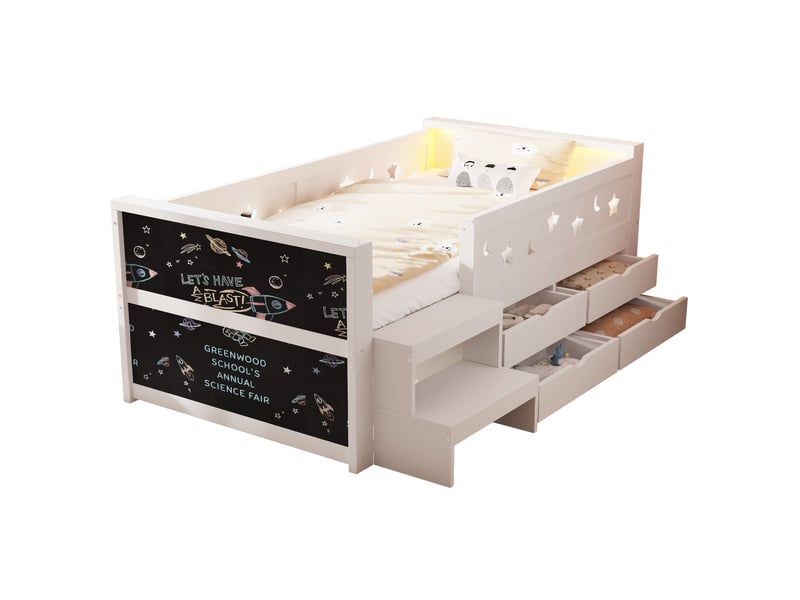  Lit enfant 90 × 200 cm 1 place avec 4 tiroirs, led, tableau et barrières, sans matelas, en bois, blanc  - Conforama A