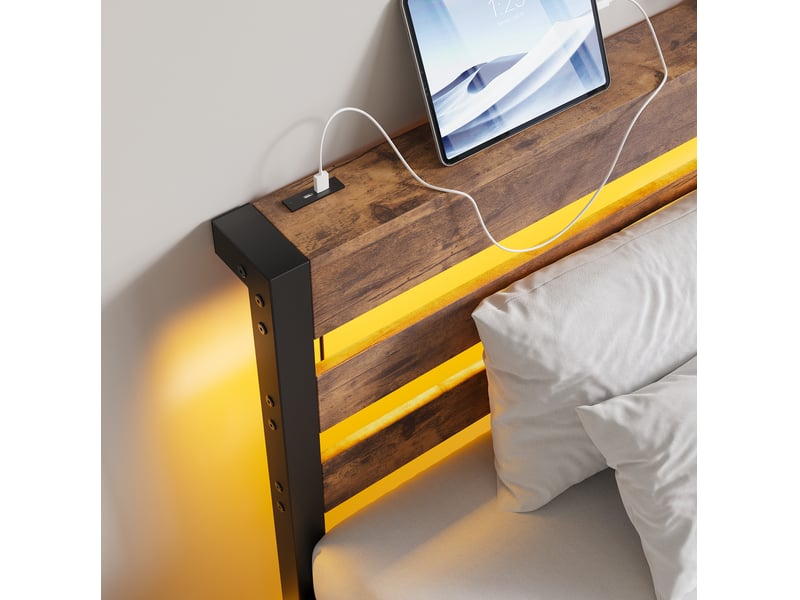 Lit simple métallique 90 x 200 cm, éclairage led et station de charge usb, décor en bois, noir et marron, sans matelas  - Conforama E
