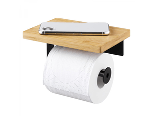 Porte rouleau de toilette en bambou avec plateau - support mural auto-adhésif sans perçage pour salle de bain