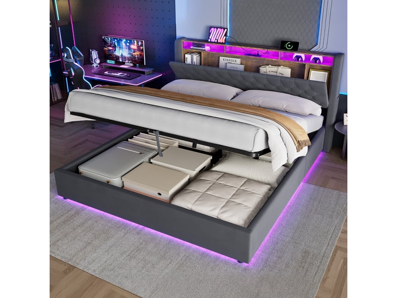 Lit coffre rembourré 180x200 avec tête de lit rangement et coffre de lit cravdom - Conforama C