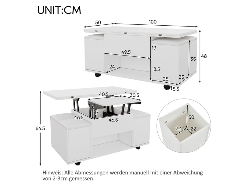 Table basse 100x50x48cm, table de salon avec rangement, design 2 en 1, relevable ,pliant, chaises, aggloméré, blanc - Conforama D