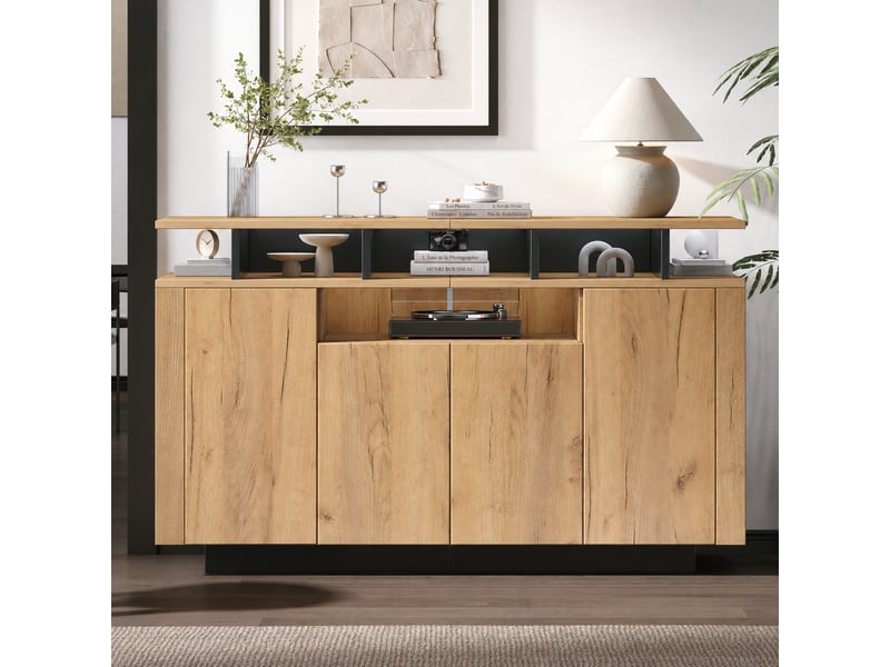  Buffet 4 portes avec 3 niches ouvertes, bois naturel et noir, 140 x 40 x 85 cm  - Conforama B