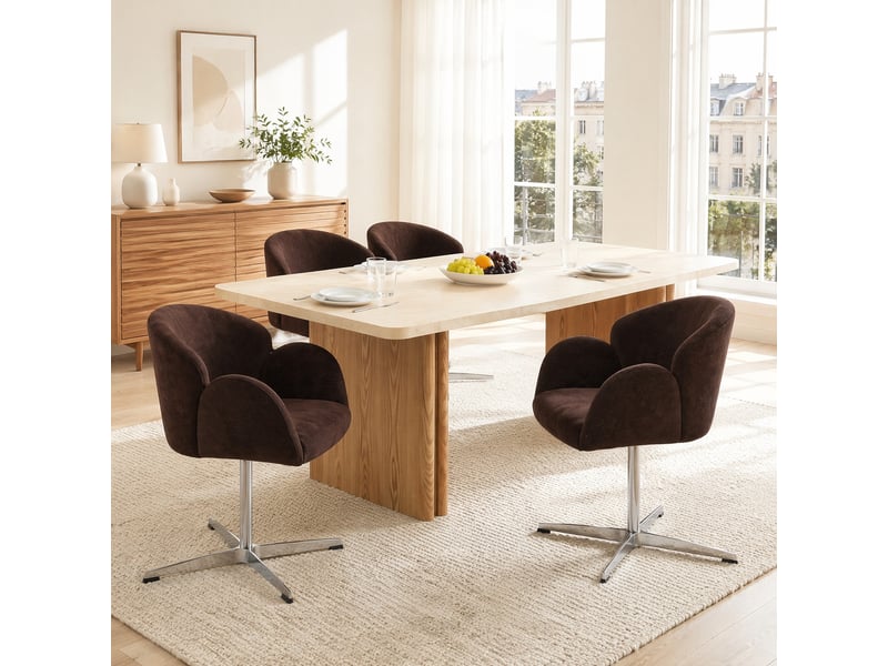  Chaise pivotante à 360° rembourrée en tissu brun et acier inoxydable poli  - Conforama C