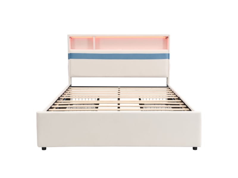 Lit enfant rembourré 140 x 200 cm blanc et bleu en velours, quatre tiroirs, tête de lit led, prises et poches latérales - Conforama A
