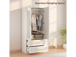 Armoire chambre penderie avec miroir, 2 tiroirs, 2 portes et barre de suspension, blanc, 80 x 50 x 180 cm