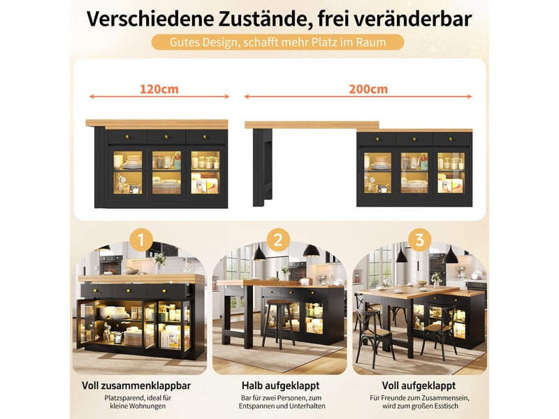 Îlot de cuisine extensible 120-200 x 40 x 75,5 cm avec éclairage led, 3 tiroirs et portes vitrées, mdf,noir evarich - Conforama E