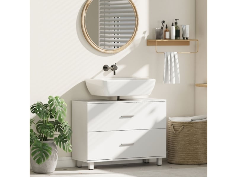  Meuble sous lavabo blanc moderne avec 2 tiroirs, meuble de salle de bains indépendant sans socle  - Conforama B