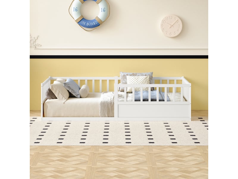  Lit enfant 90x200 cm-lit  au sol 90x200 cm - avec barrières de sécurité et sommier à lattes- bois de pin- blanc  - Conforama E