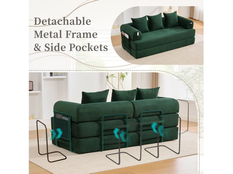  Canapé convertible 200x94x67 cm modulaire en métal et velours côtelé, pour salon et chambre, moderne, vert émeraude  - Conforama D