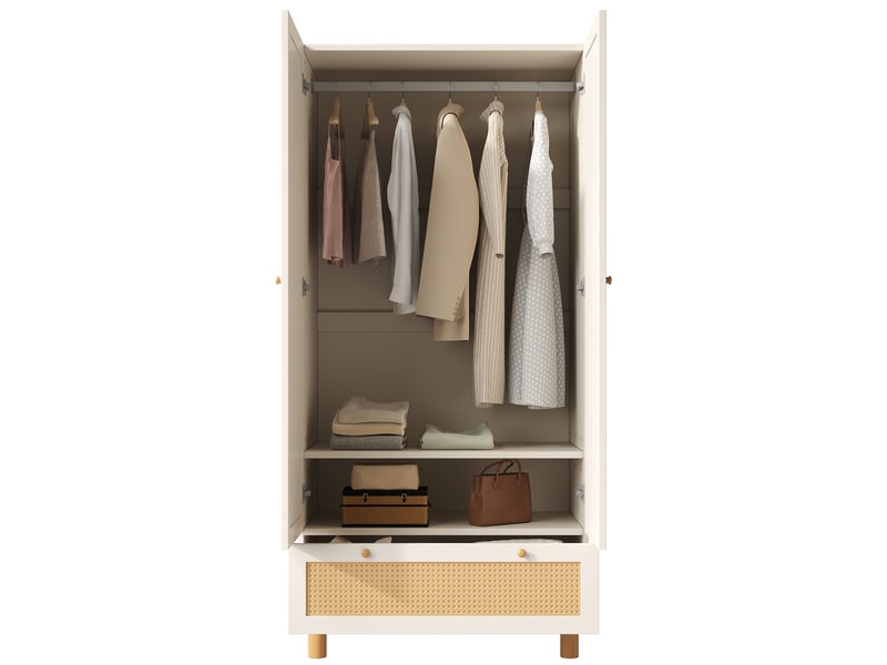  Armoire chambre 85x52x180 cm - penderie 2 portes, cannage rotin, 1 tiroir, étagères réglables, style campagne blanc  - Conforama A
