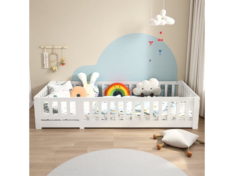  Lit au sol enfant 90x200, lit montessori au sol en bois massif avec barrière de sécurité et sommier à lattes  - Conforama W