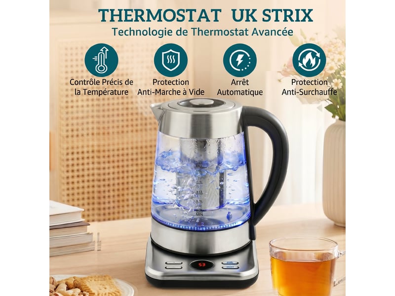 Bouilloire électrique, 1,7l, ébullition rapide 2200w avec thermostat strix, fonction maintien au chaud, infuseur à thé  - Conforama E
