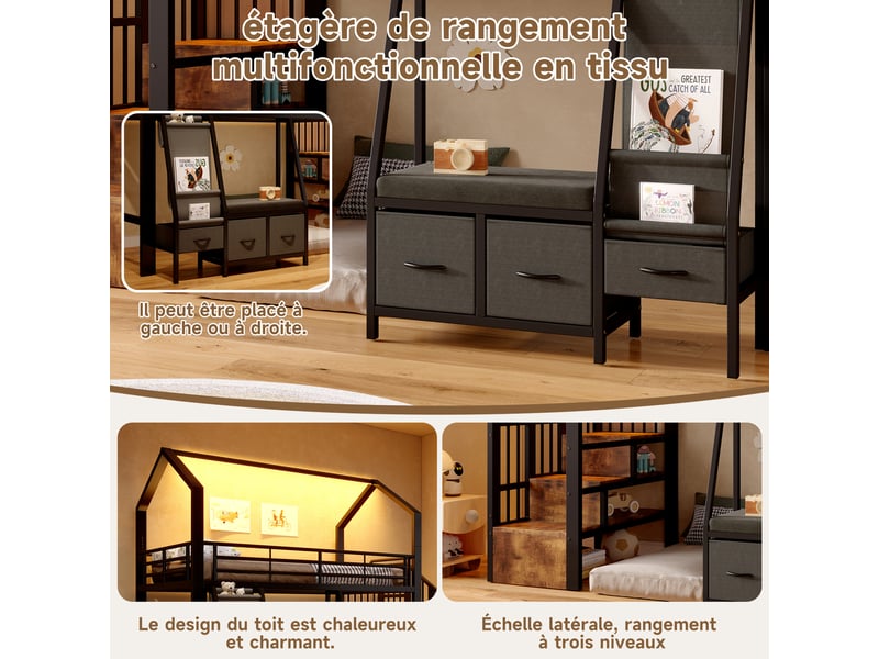  Lit mezzanine 90 x 200 cm – avec étagère de rangement en tissu – avec 3 tiroirs – avec échelle – avec éclairage led – noir (matelas non inclus)  - Conforama E